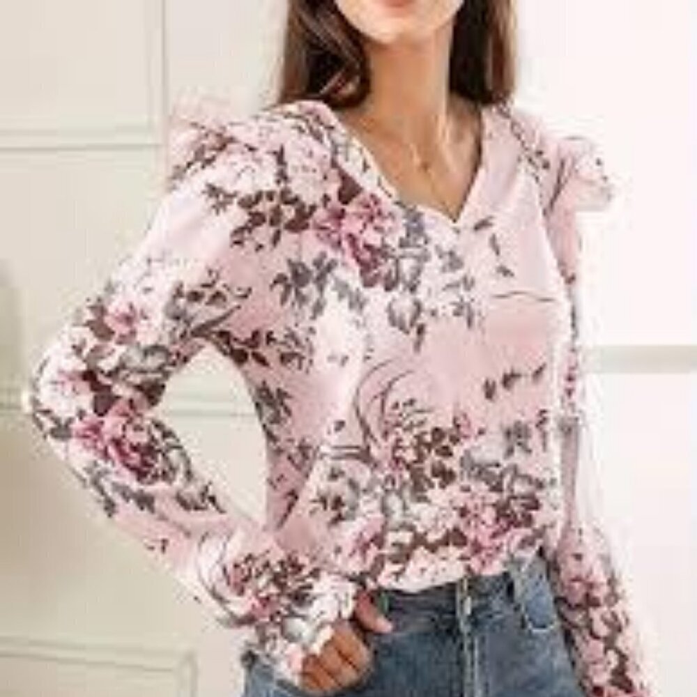 Emery Rose Size S Pink Floral Long Sleeve Blouse with Shoulder Ruffle. EUC